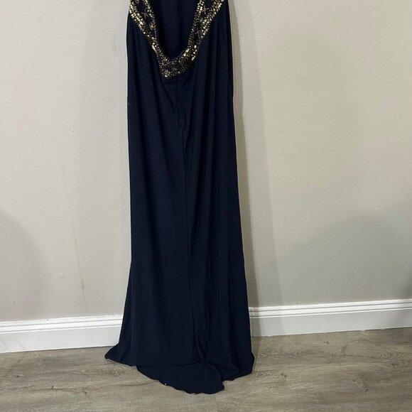 Betsy & Adam Navy Cut Out Gold Sequin Jeweled Homecoming Prom Maxi Dress Size 4 - Picture 7 of 9